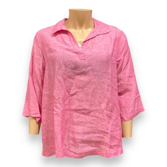 Tahari Pink 3/4 Sleeve Oversize Boho Mom Gauze Loose Fit Linen Top Size 1X - Picture 1 of 16